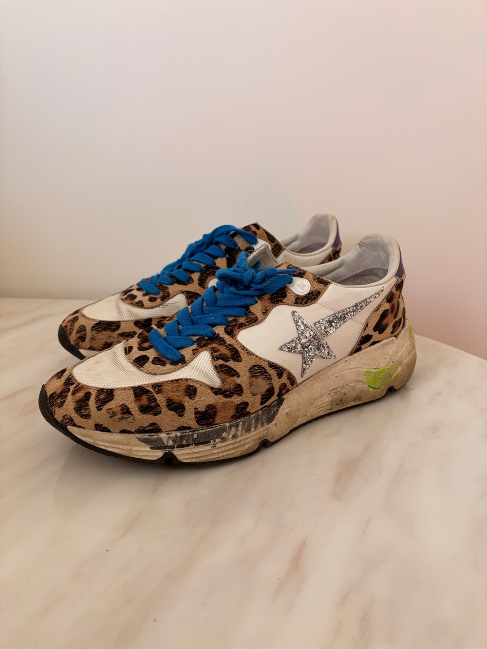 Golden Goose Leopard Print Sneakers with Silver Star & Blue Laces